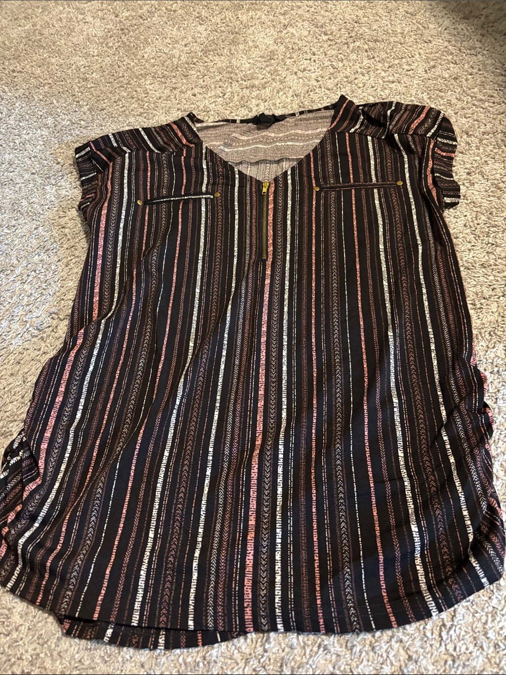 Women’s Black Striped V-Neck Maternity Blouse with Zip Detail